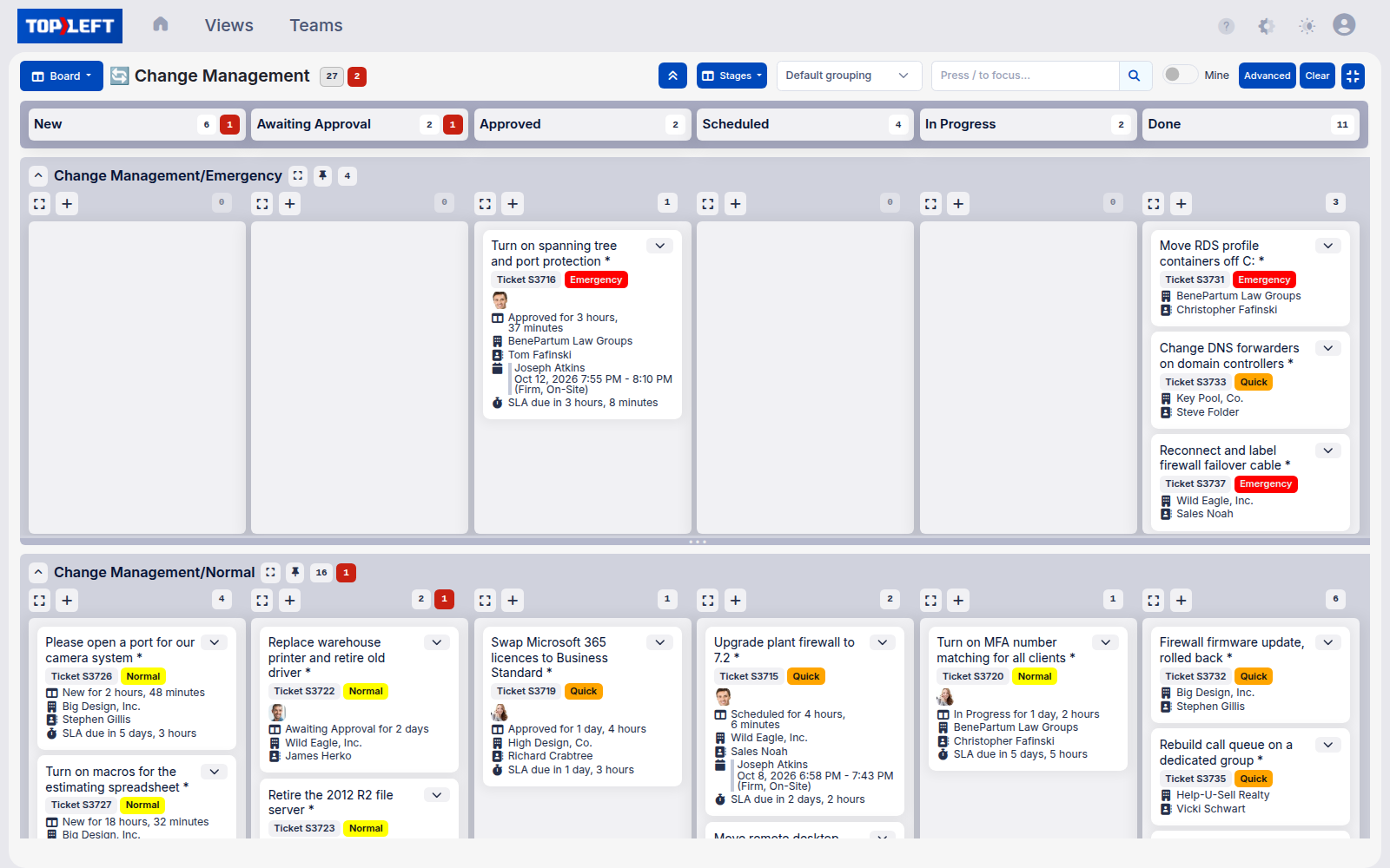 A TopLeft change management board with a lane for emergency changes above normal ones, from New through Awaiting Approval, Approved, Scheduled and Done