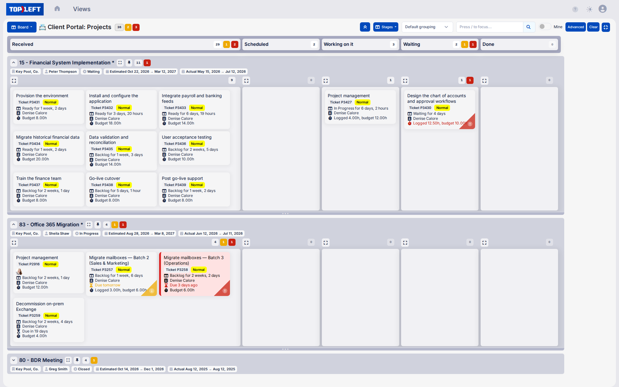 A client's view of their projects in the TopLeft client portal: each project in its own lane with its manager, status and dates, and task cards by stage, with one task flagged red for going over its budgeted hours, one red for being overdue and one amber for being due tomorrow