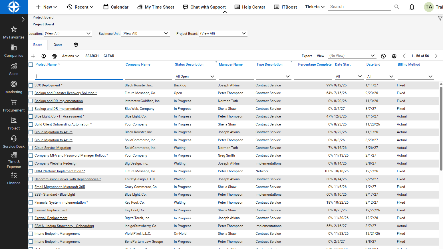 ConnectWise's own project board: a long table of projects with company, status, manager and dates, and no sense of what is stuck