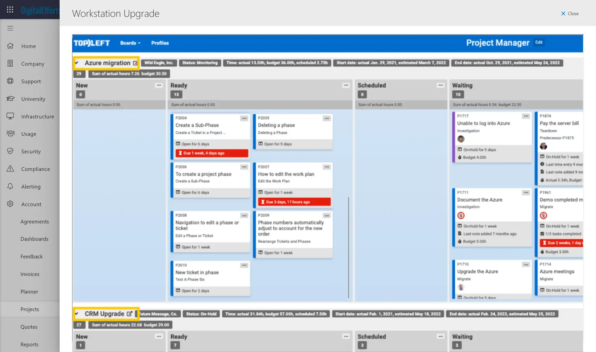 A TopLeft board of a client's projects shown inside the MSP's CloudRadial client portal, with each project's hours, budget and dates across the top