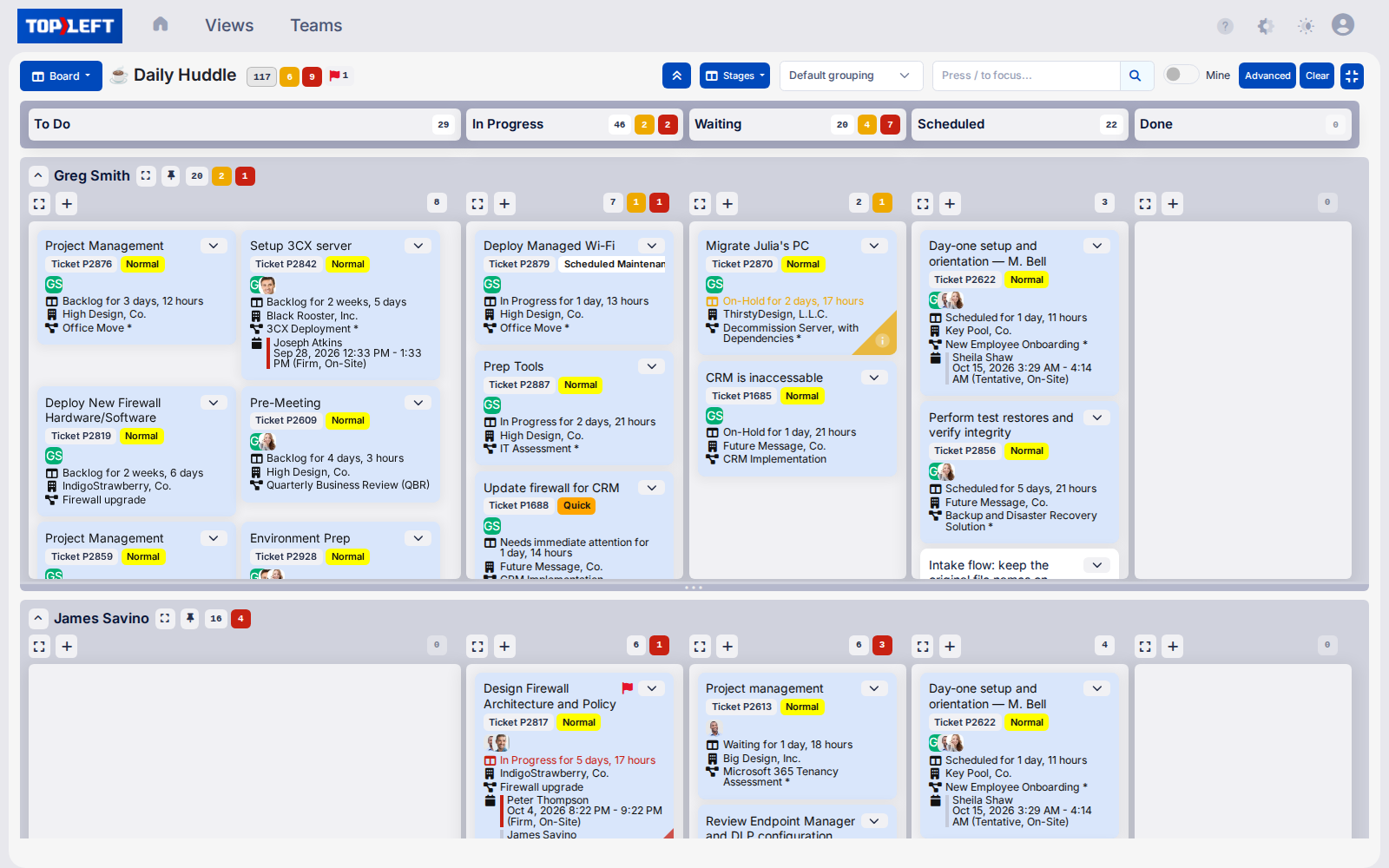 A TopLeft board for the daily huddle with a lane for each technician, showing their tickets and project tasks from To Do through Done