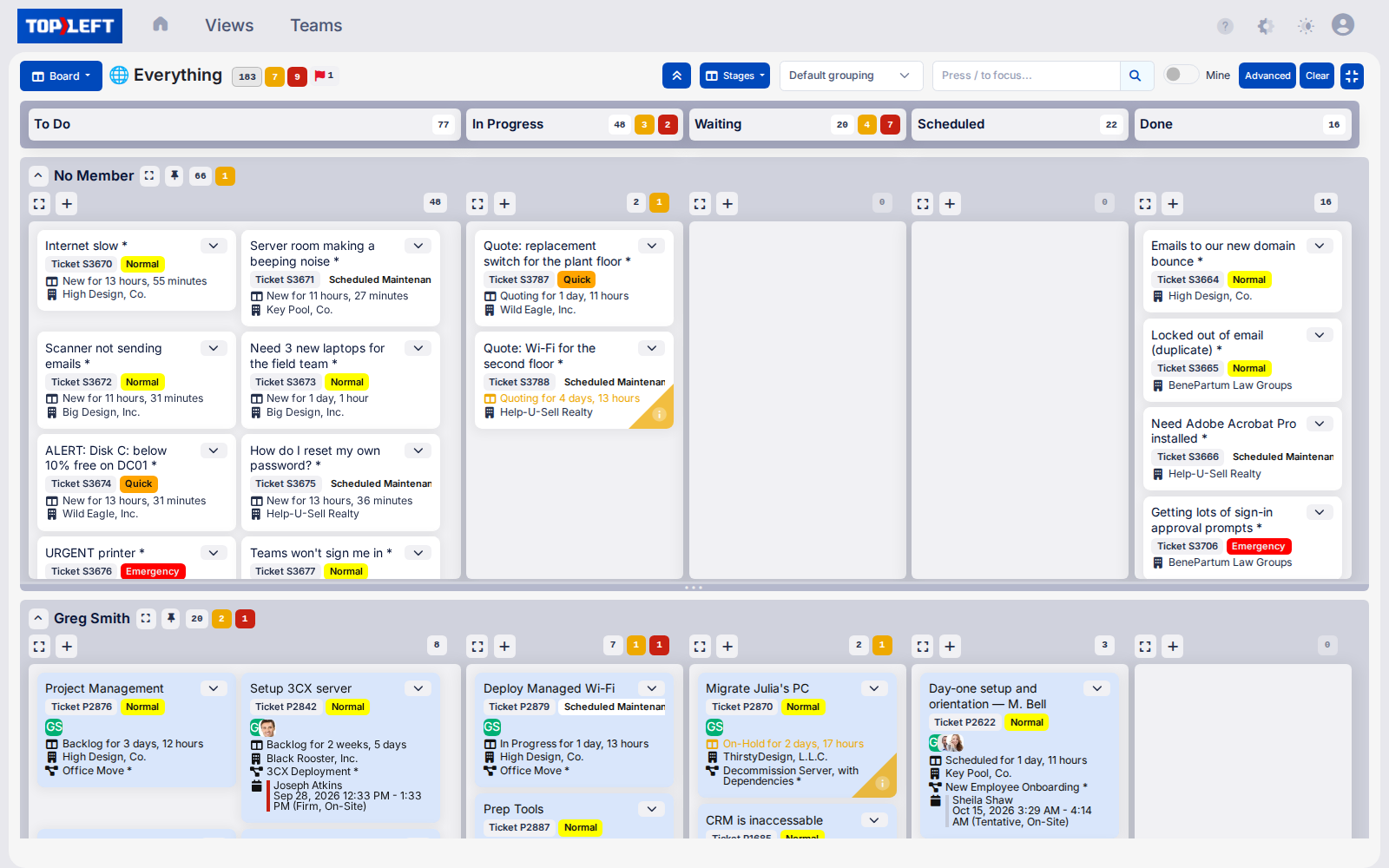 TopLeft board showing tickets and project tasks together, a swimlane per person
