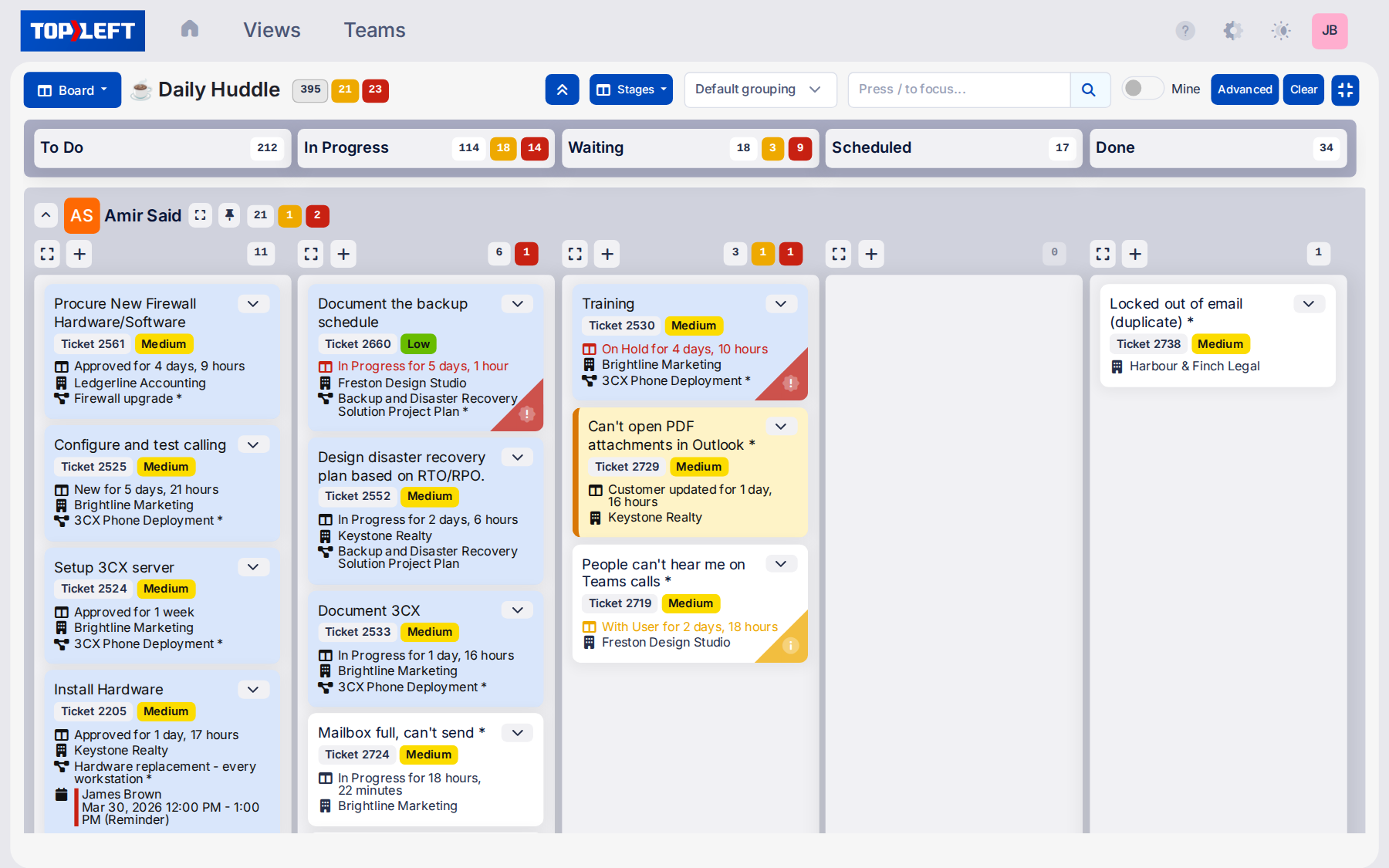 A TopLeft Kanban board running on HaloPSA: one agent's tickets and project tasks by stage, with HaloPSA ticket numbers, priorities and clients, and overdue work flagged