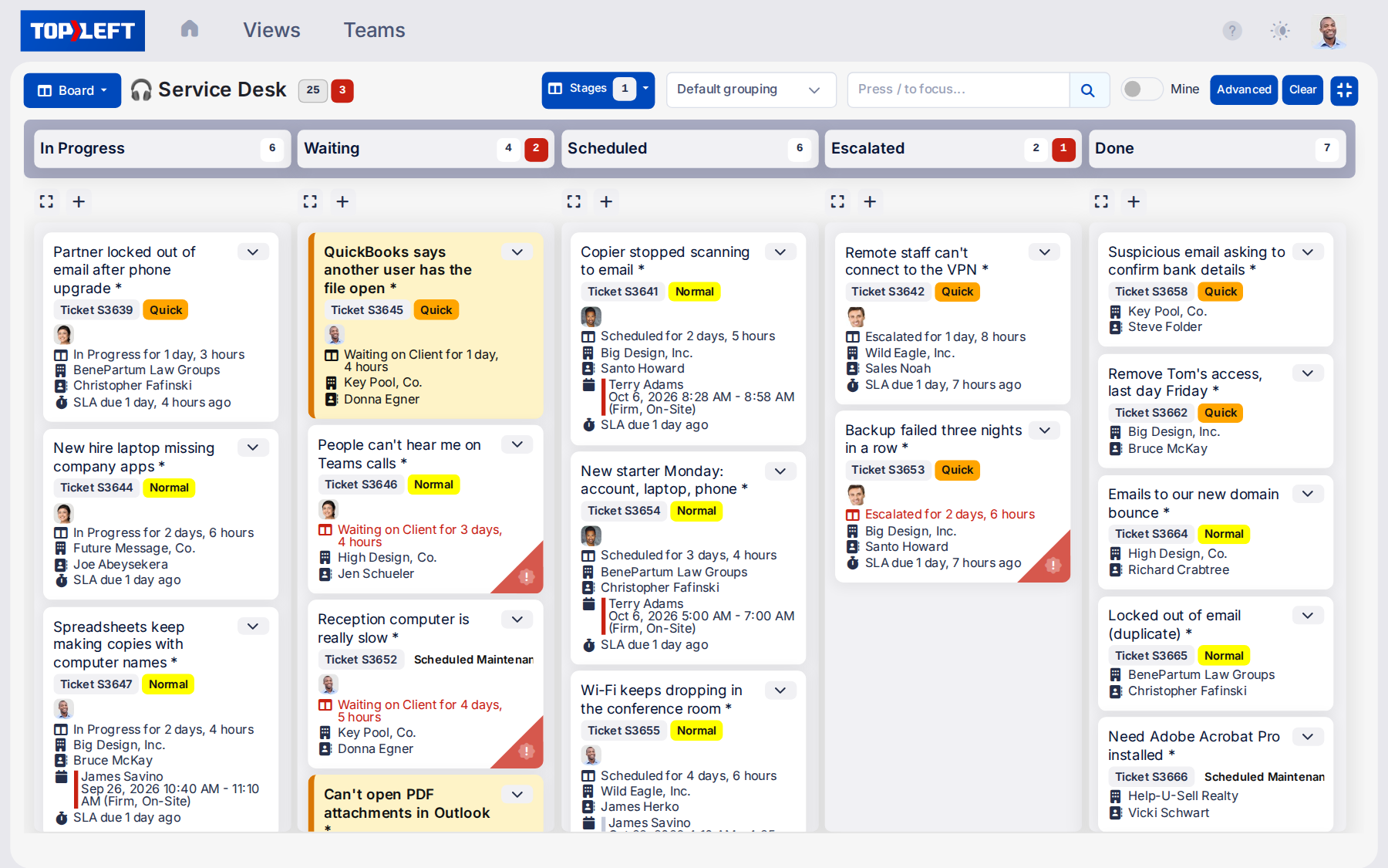 A TopLeft Kanban board running on ConnectWise: the Service Desk board's tickets by stage, with ConnectWise ticket numbers, priorities and companies, and tickets waiting on the client flagged