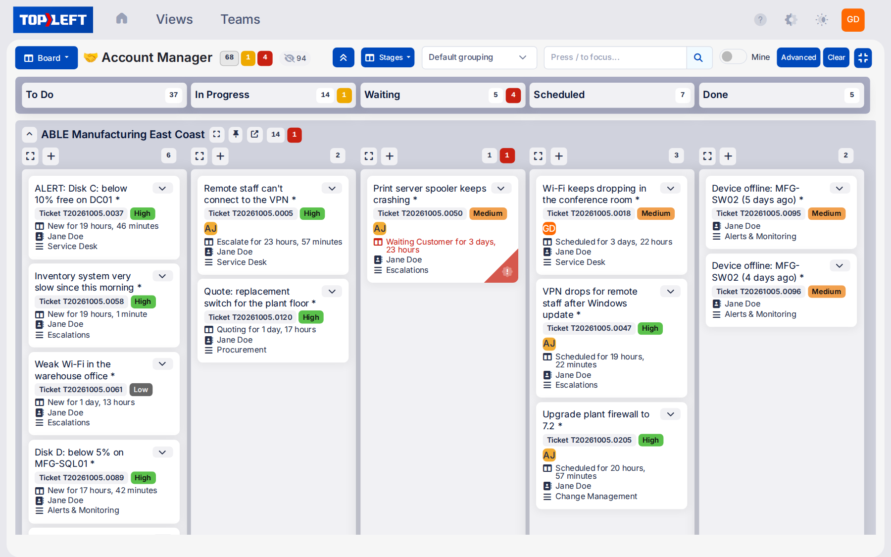 A TopLeft Kanban board running on Autotask: one account's tickets by stage, with Autotask ticket numbers, priorities and queues, and a ticket waiting on the customer flagged