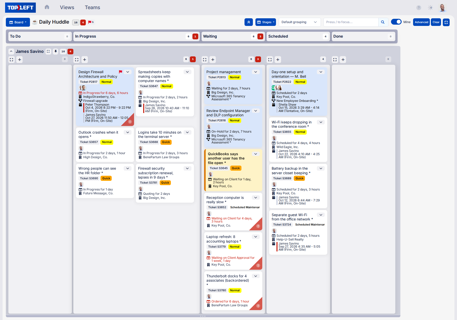 An engineer's own work in TopLeft: the Daily Huddle with Mine switched on, showing his service tickets and project tasks from several projects by stage