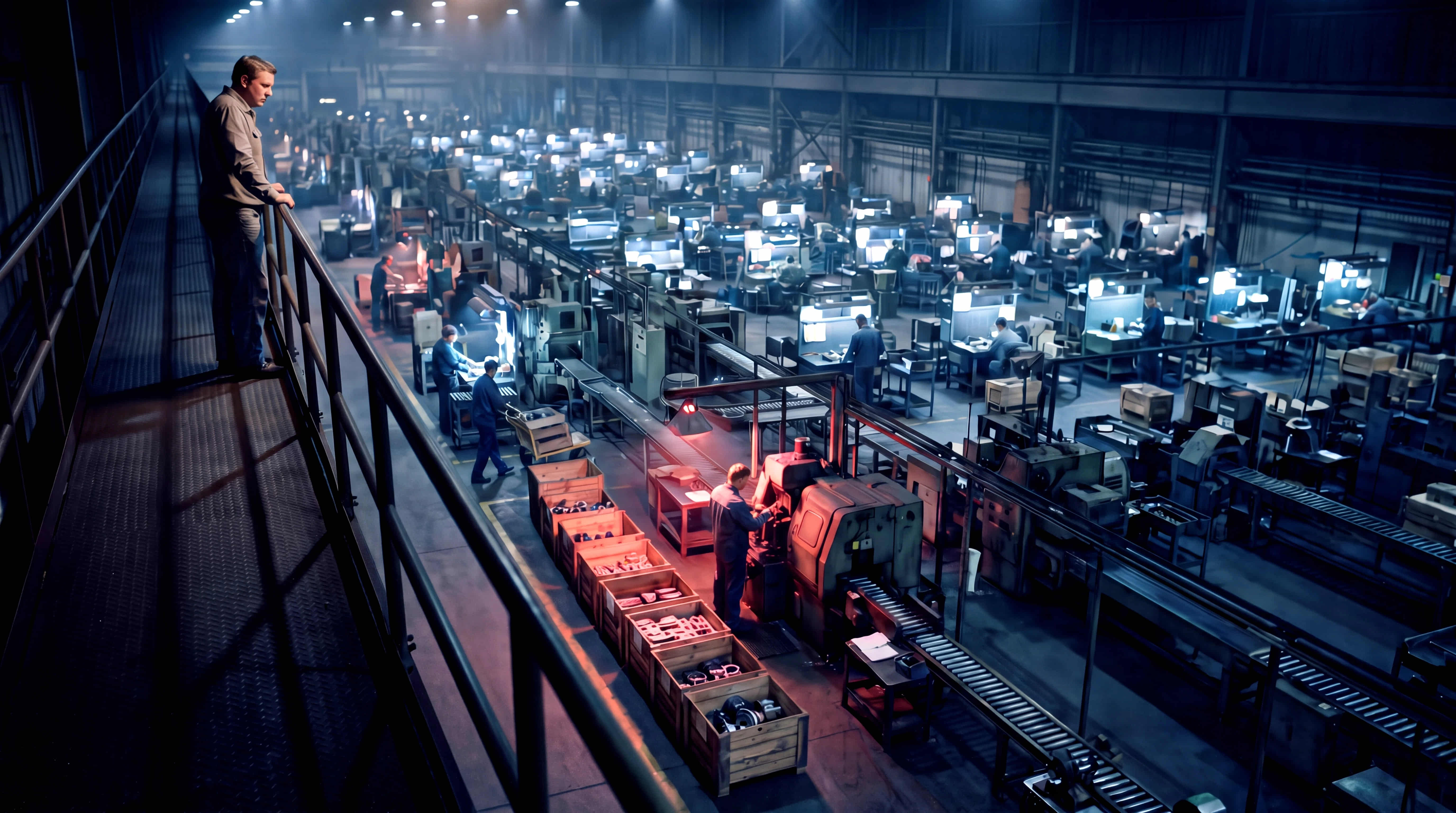 A manager at the railing of a catwalk at night, looking down over a lit factory floor where crates of work queue in front of one machine under a red light