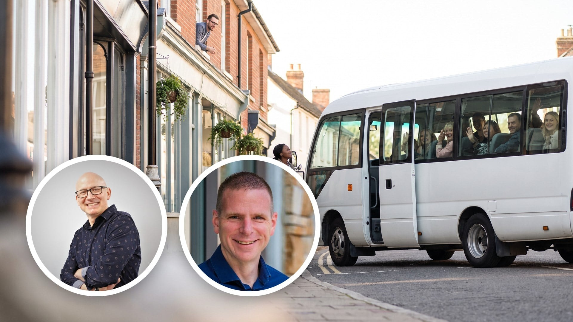 Woman with a bag stands calmly on the pavement beside a minibus with open door as the smiling team watches