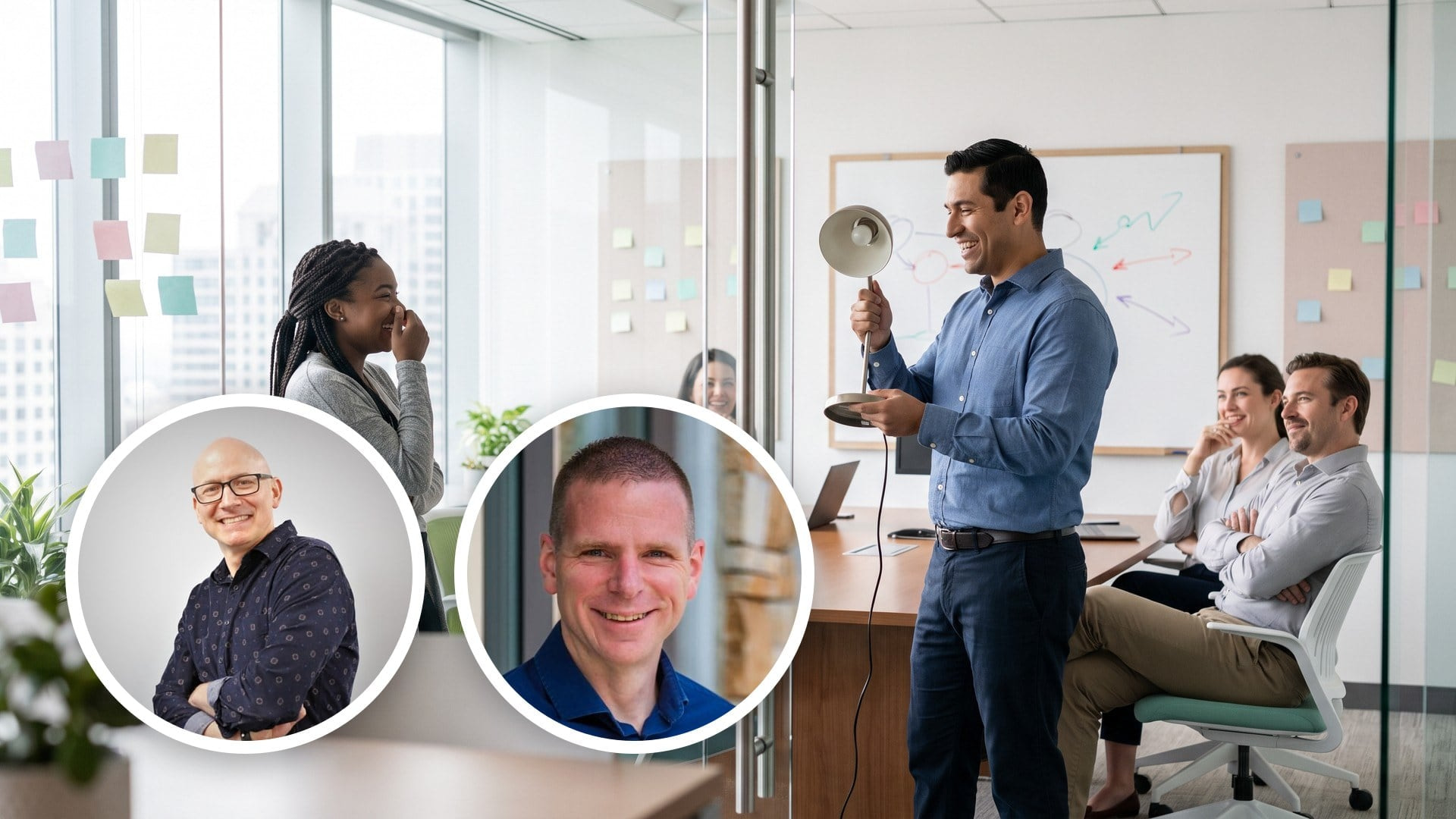 A consultant holds up an unlit lamp in a glass boardroom as a coordinator laughs and client staff begin to smile.
