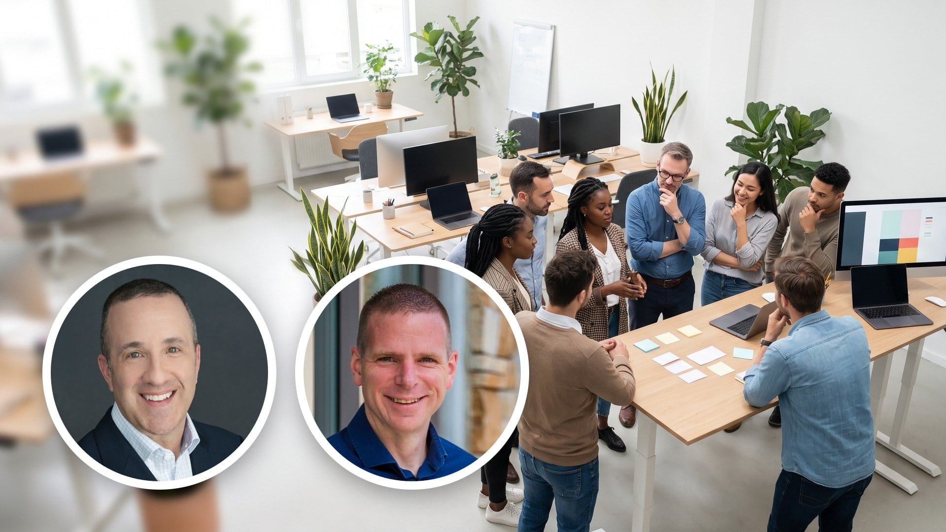 Overhead view of a team in a short standing huddle on a plant-filled open-plan office floor