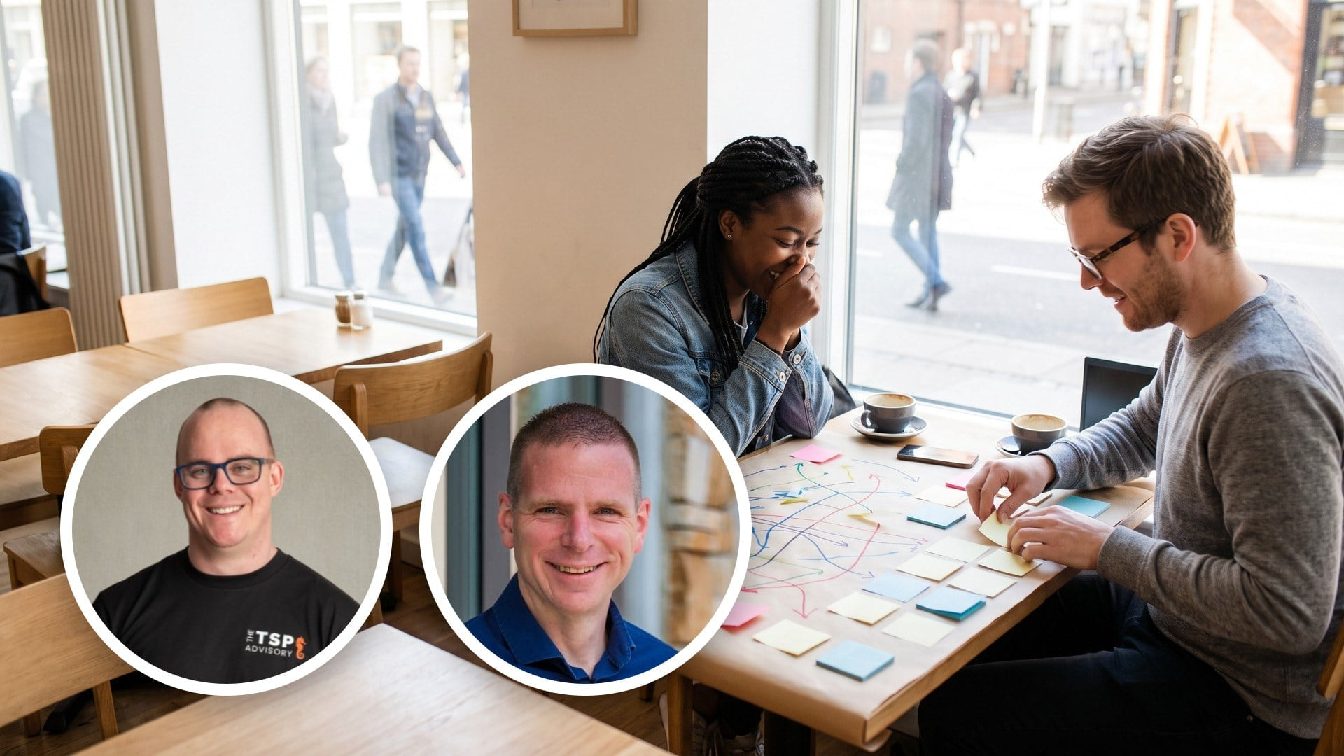 Two colleagues at a café table sort tangled sticky notes into neat rows beside coffee cups, smiling with relief.