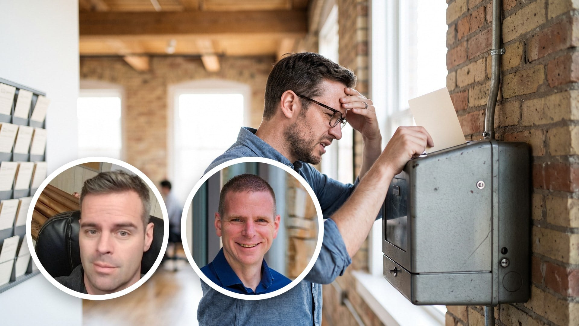 Stressed man in glasses pushes a blank card into a punch clock in front of a wall rack of time cards in a brick loft.