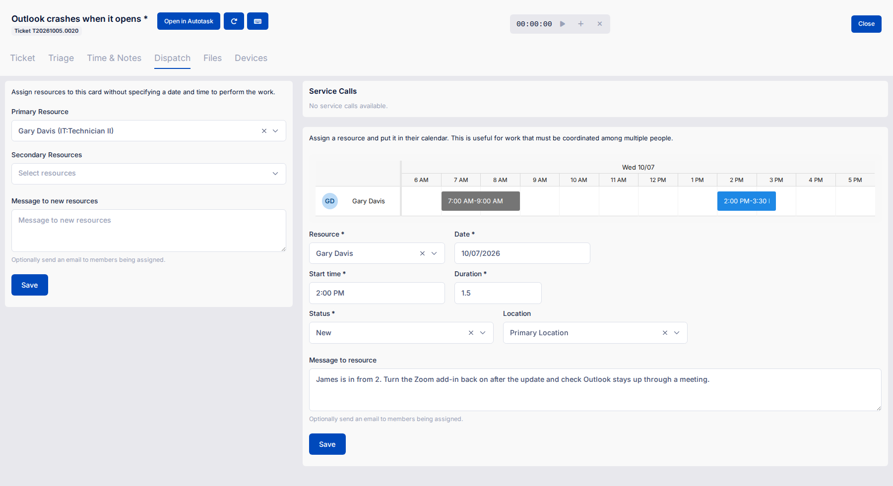 An Autotask ticket's Dispatch tab in TopLeft: the technician's day, a new 1.5-hour service call being booked and a message to the technician