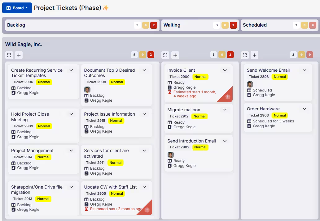 A TopLeft board of one client's project tickets by stage, with overdue cards flagged in red
