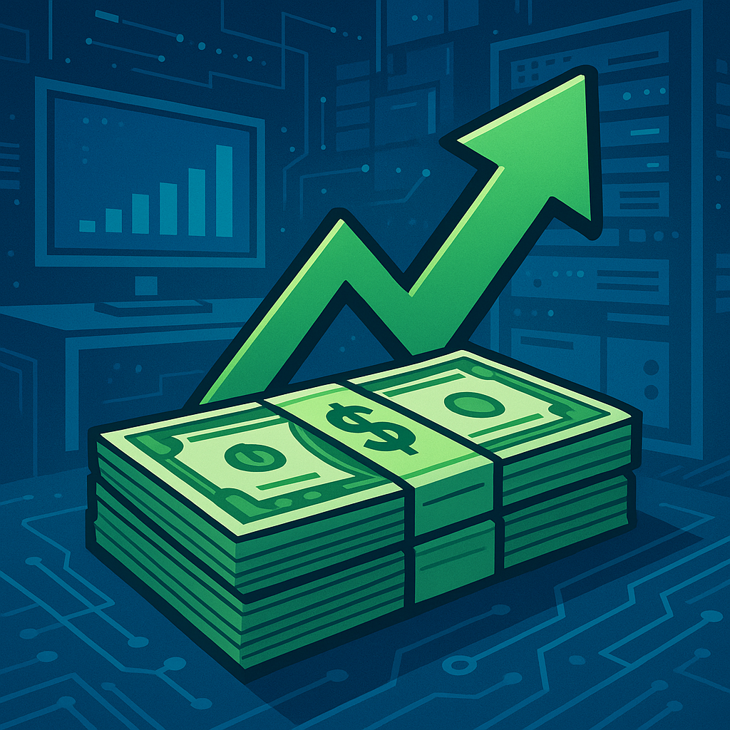show money and an up arrow in an IT environment