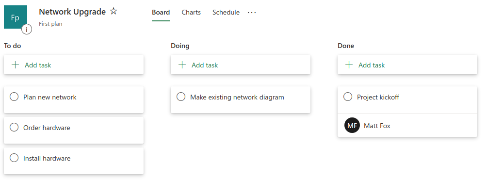 Screenshot of MS Planner Kanban board