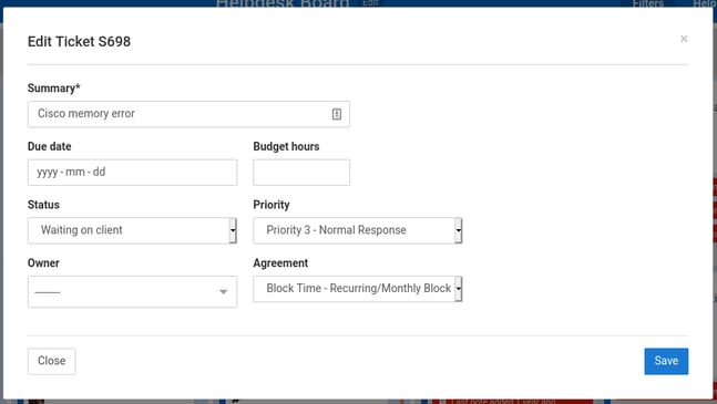 Screenshot of ticket edit dialog