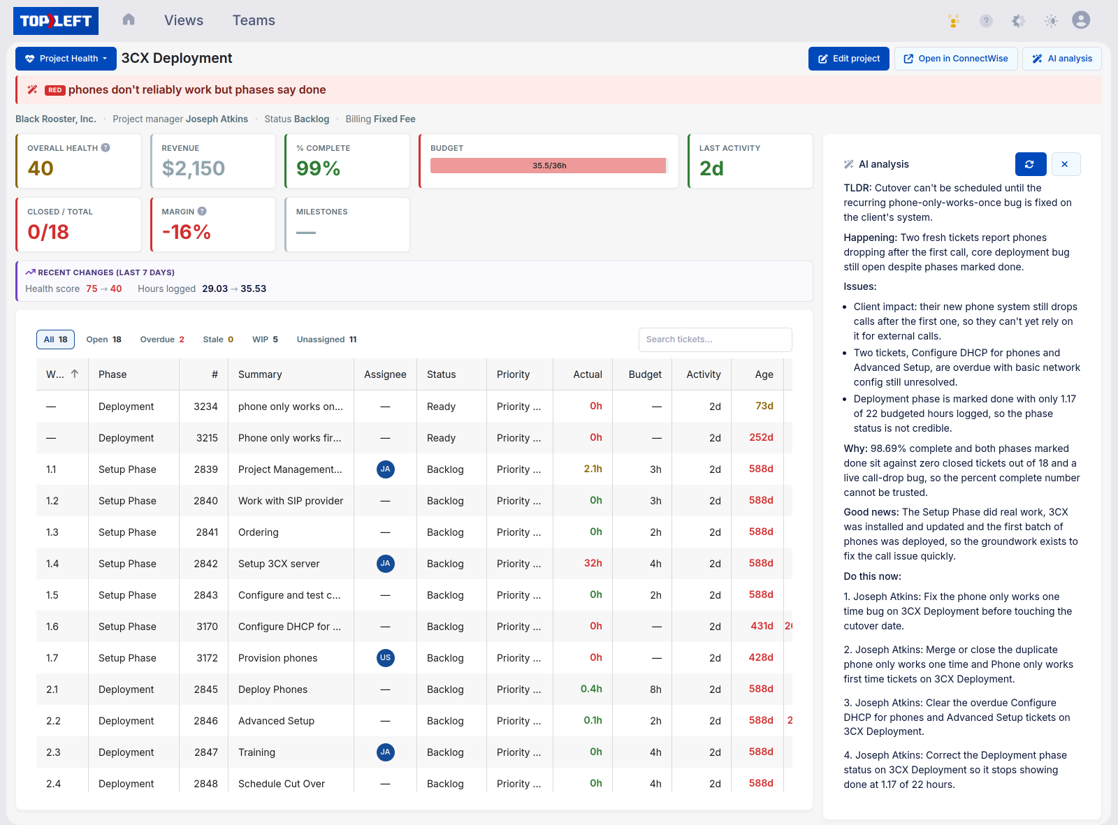 A project detail page with the AI review open beside the ticket grid: TLDR, Happening, Issues, Why, Good news and Do this now