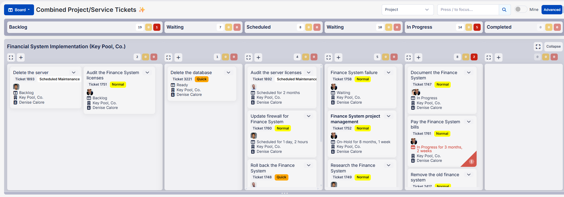 TopLeft Kanban board showing service tickets and project tasks in one view